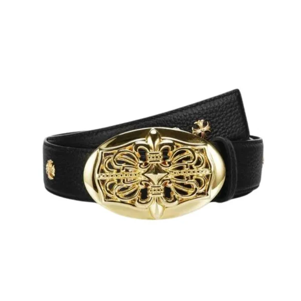 Belt Chrome Hearts Black Leather Gold Buckle CH067